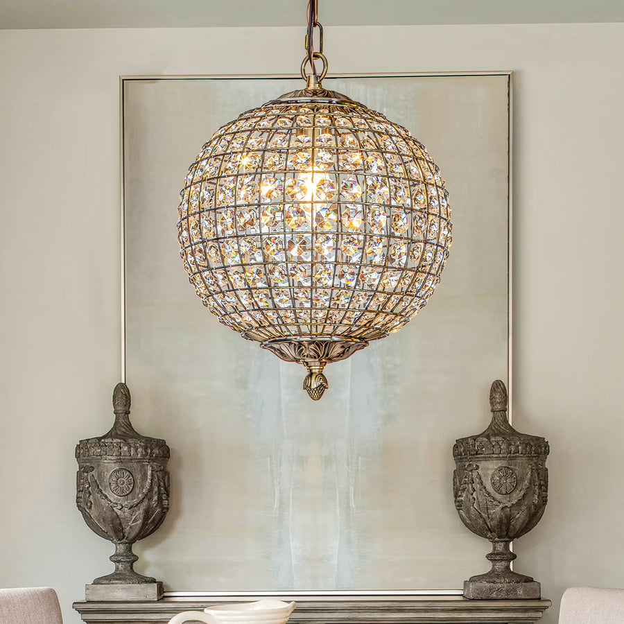 1 - Light 12" Retro Antique Gold Crystal Globe Chandelier Small Sphere Pendant Light for Home, Patio & Room Decor