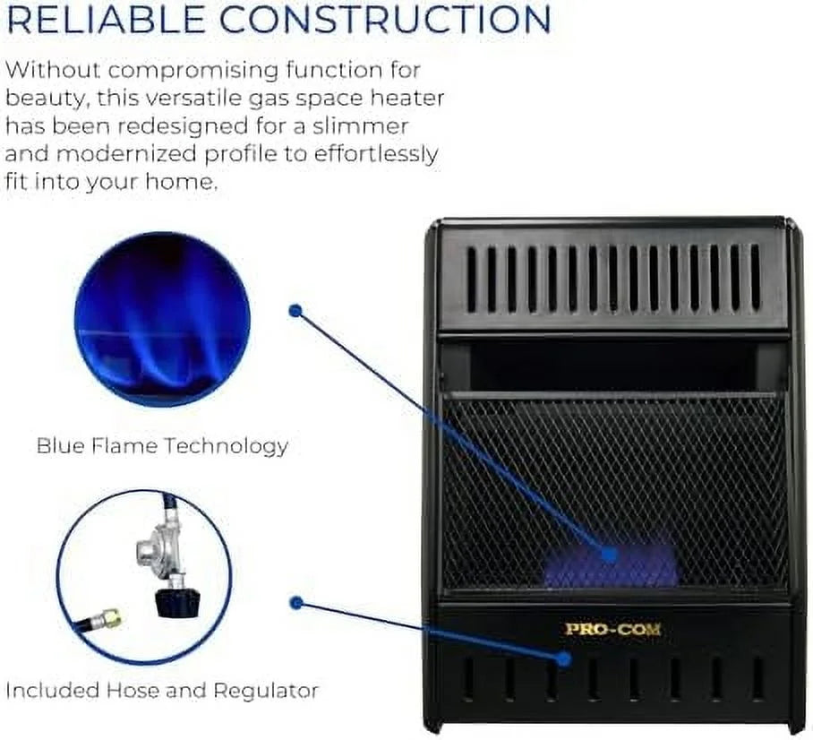 Ventless Propane Gas Blue Flame Space Heater with Thermostat Control for Home Comfort & Room Cooling