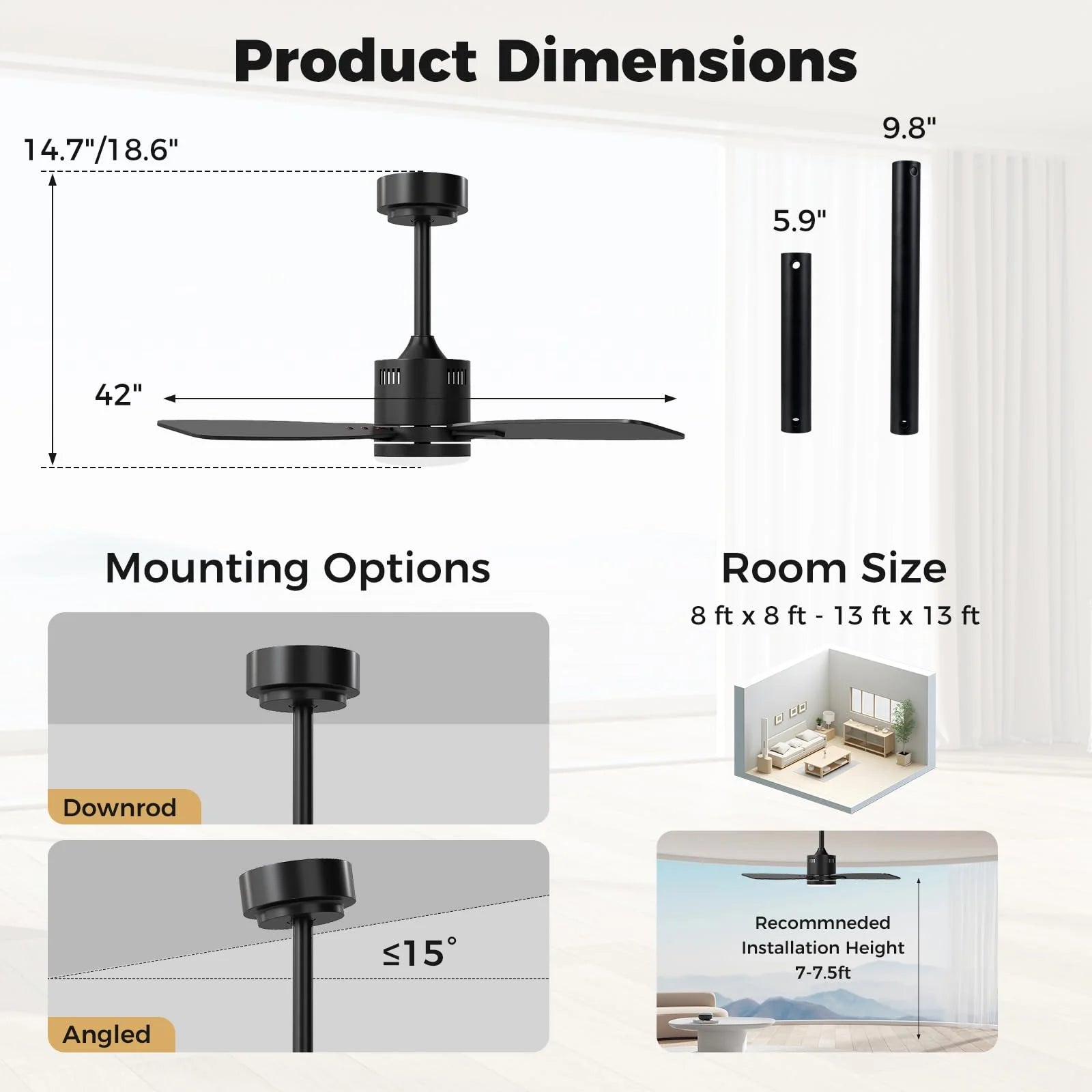 Tangkula 42” Ceiling Fan with Light and Remote for Bedroom, Living Room & Home Comfort