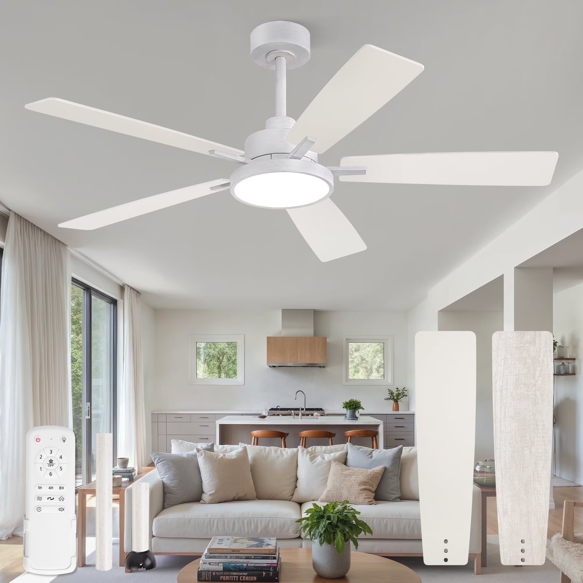 Zardon 52 in Black Ceiling Fan with LED Light and Remote, Downrod 6-Speed and Quiet Reversible DC Motor for Bedroom, Living Room, Indoor