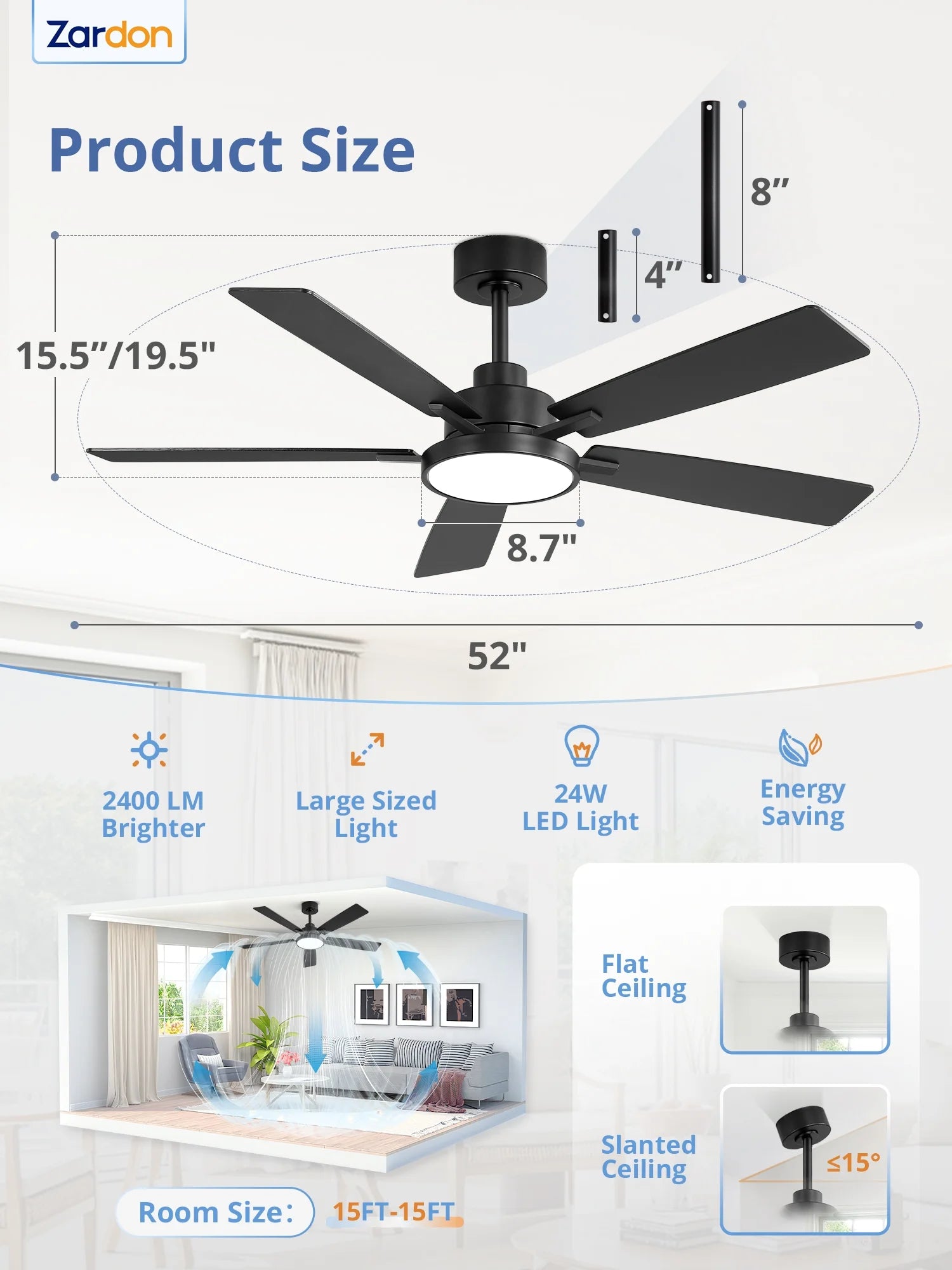 Zardon 52 in Black Ceiling Fan with LED Light and Remote, Downrod 6 - Speed and Quiet Reversible DC Motor for Bedroom, Living Room, Indoor