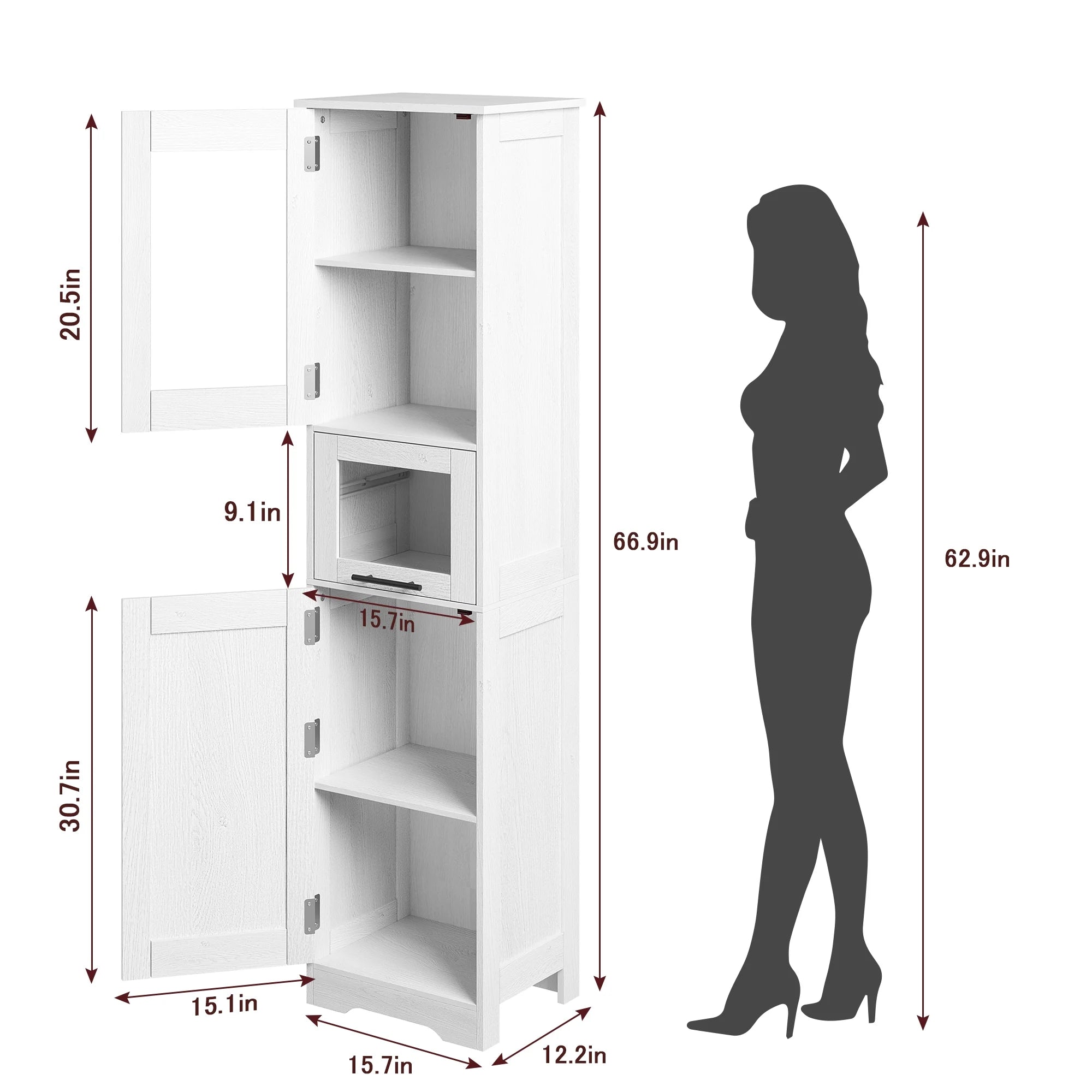 Bathroom Cabinet, Tall Storage Cabinet with Doors and Adjustable Shelf, Freestanding Floor Pantry Cabinet