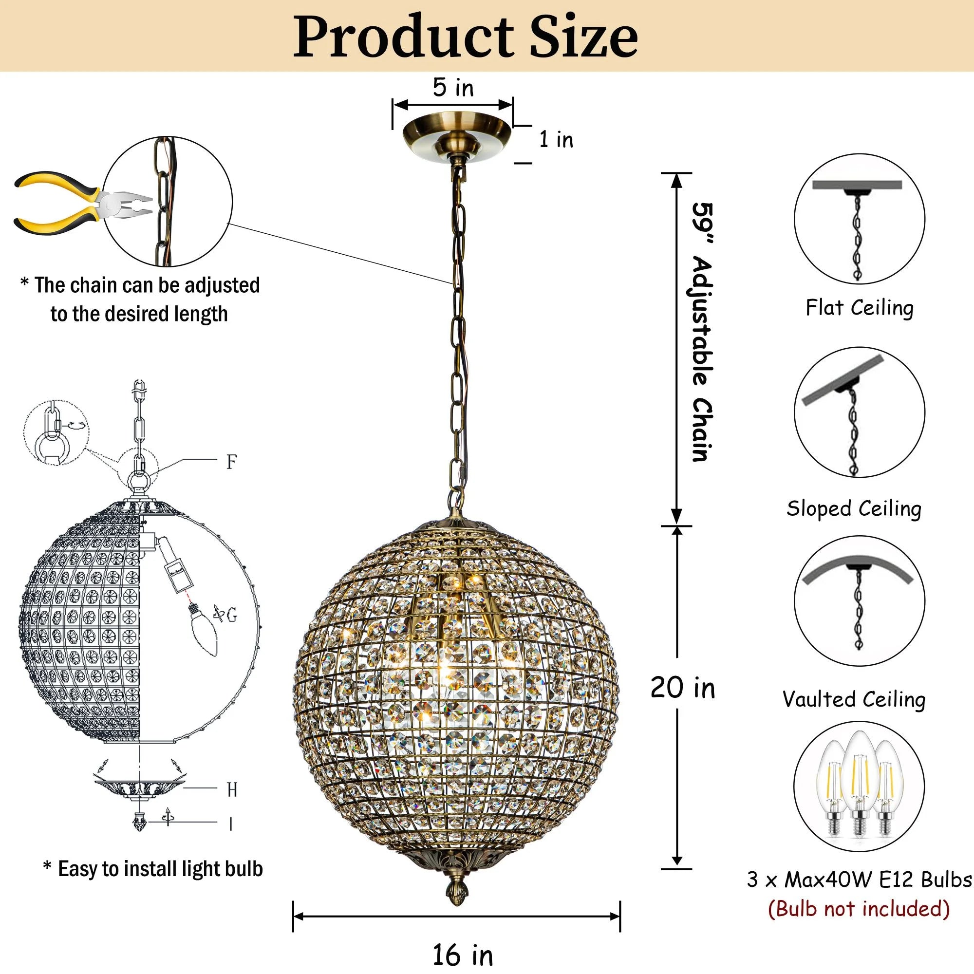 1-Light 12" Retro Antique Gold Crystal Globe Chandelier Small Sphere Pendant Light